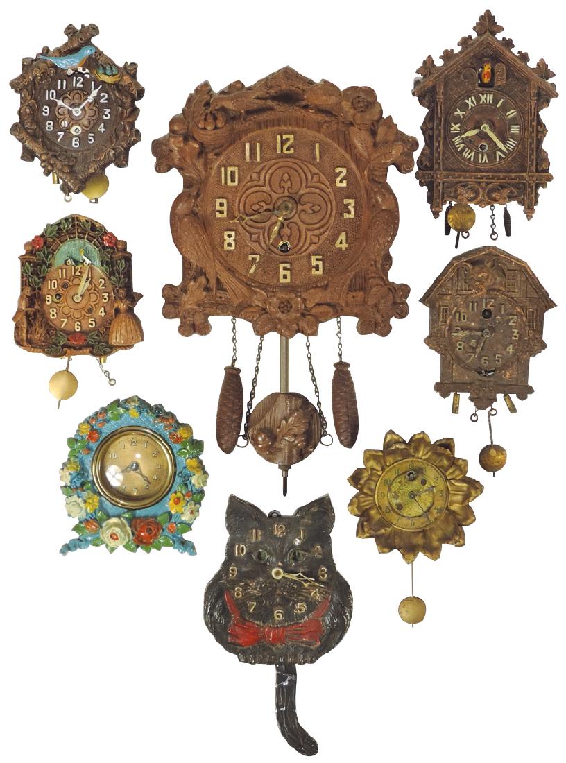 Clocks (8), Keebler & Lux wall clocks w/birds, dog, cat: Clocks (8), Keebler & Lux wall clocks w/birds, dog, cat & flower, cat has repaired tail, o/wise all in VG untested cond, 4.5" to 12"H.