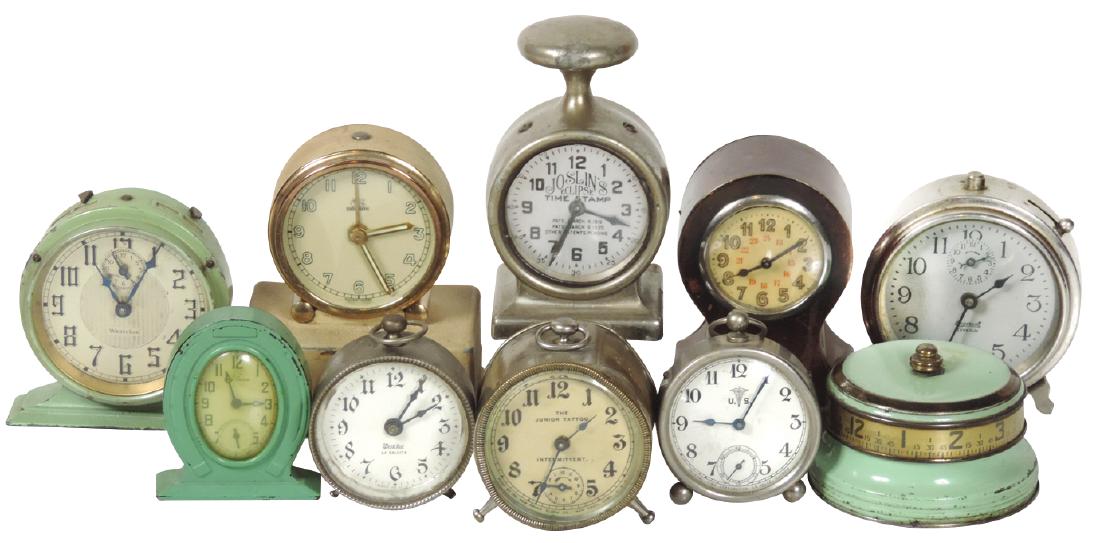 Clocks & time stamp (10), alarm clocks by New Haven,: Clocks & time stamp (10), alarm clocks by New Haven, Westclox, The Junior Tattoo, General Time-U.S. Chiropractor logo, Ingersoll, Joslin's Eclipse Time Stamp, c.1920, etc., 5 in wkg cond, up to 4"H.