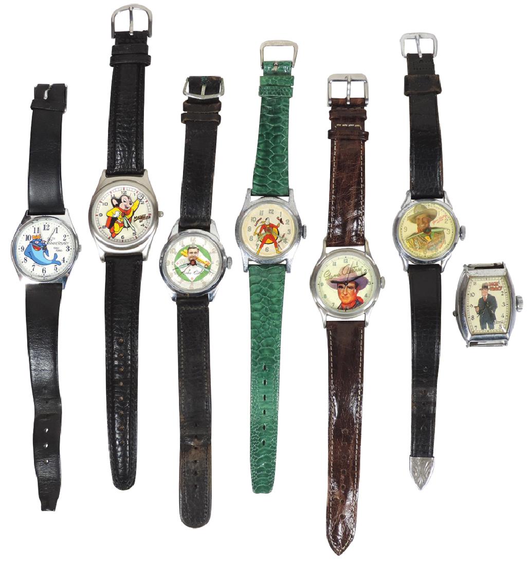 Children's character wrist watches (7), Babe Ruth-1949: Children's character wrist watches (7), Babe Ruth-1949 Exacta Time, Gene Autry-Always Your Pal, Captain Marvel (wkg cond)-1948 Fawcett, Dick Tracy (no band), Mighty Mouse, Charlie Tuna 25th Anniversar