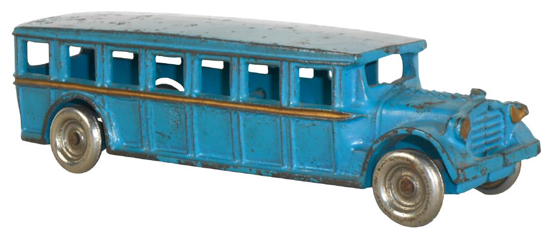 Toy bus, Arcade Fageol, cast iron w/orig blue paint: Toy bus, Arcade Fageol, cast iron w/orig blue paint, Exc cond, 8"L.