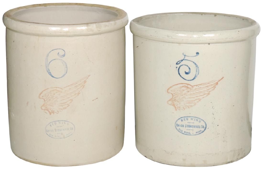 Stoneware crocks (2), Red Wing 5 & 6 gal, both w/big: Stoneware crocks (2), Red Wing 5 & 6 gal, both w/big wing, both Exc cond, 13" & 15"H.