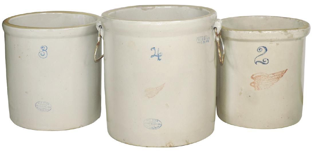 Stoneware crocks (3), Red Wing 2, 3 & 4 gal, 1 w/wire: Stoneware crocks (3), Red Wing 2, 3 & 4 gal, 1 w/wire handles & 1 w/o wing, all Exc cond, up to 12"H.