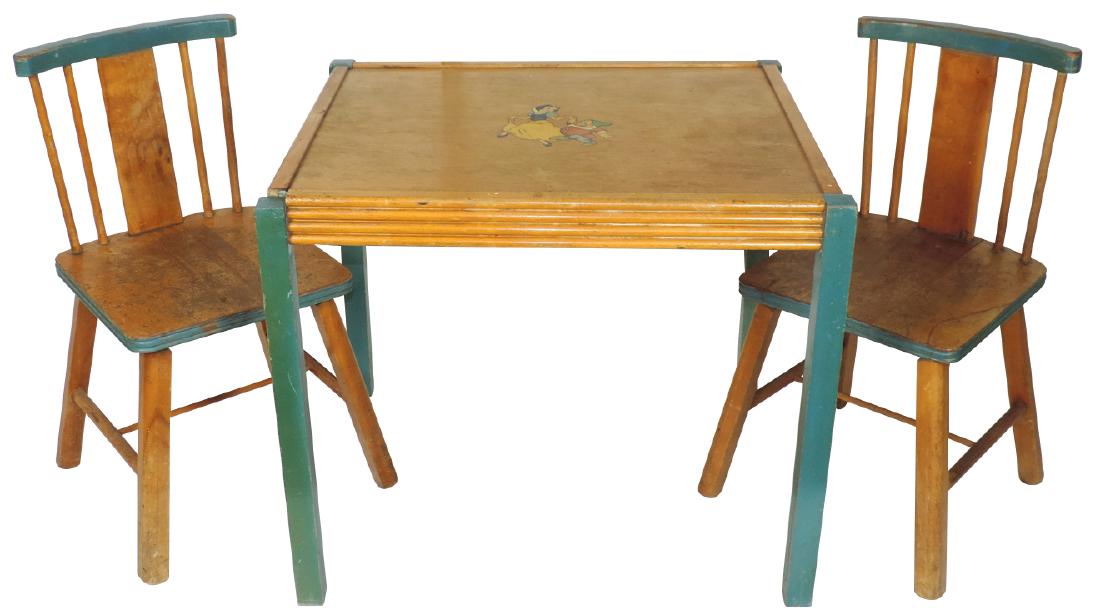 Children's table & chairs (3), Snow White & 7 Dwarfs: Children's table & chairs (3), Snow White & 7 Dwarfs decal on table, mfgd by Storkline, wood w/orig paint, Good+ cond, 21" & 23"H.
