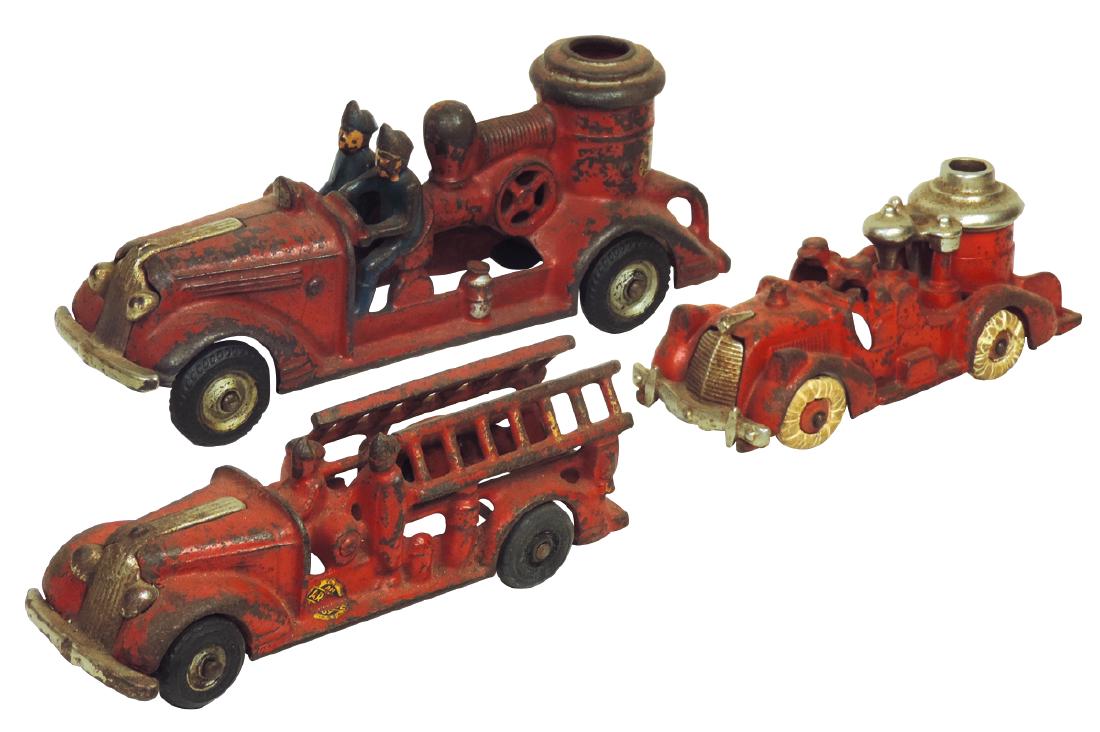 Toy fire trucks (3), Arcade 2-man Pontiac Pumper: Toy fire trucks (3), Arcade 2-man Pontiac Pumper w/nickel grille, c.1936-40, rubber tires, Arcade ladder truck w/rubber tires & nickel-plated grille & Hubley Pumper, c.1930's, all cast iron w/overall 