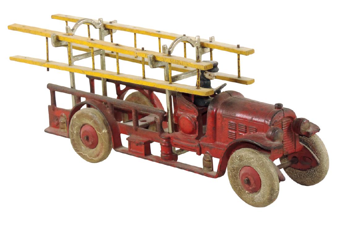 Toy fire truck, Kenton Toys, cast iron w/driver, rubber