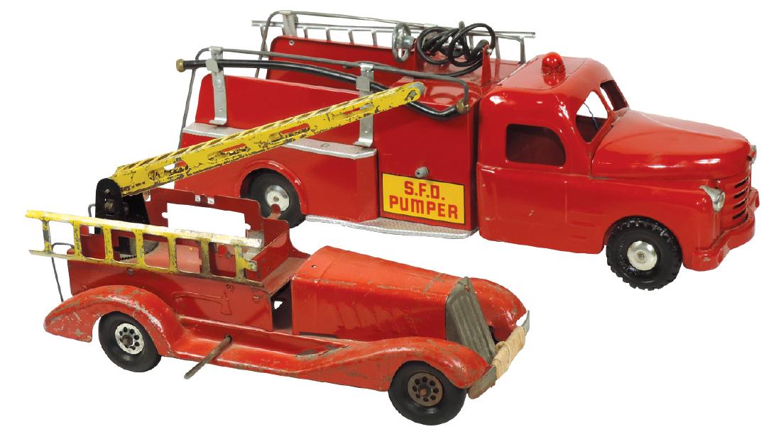 Toy fire trucks (2), Structo S.F.D. Pumper, pressed: Toy fire trucks (2), Structo S.F.D. Pumper, pressed steel w/hose & ladder, Exc cond, 22"L & Marx windup ladder w/siren, pressed steel, c.1930's, Good+ cond missing hose reel, 14.5"L.