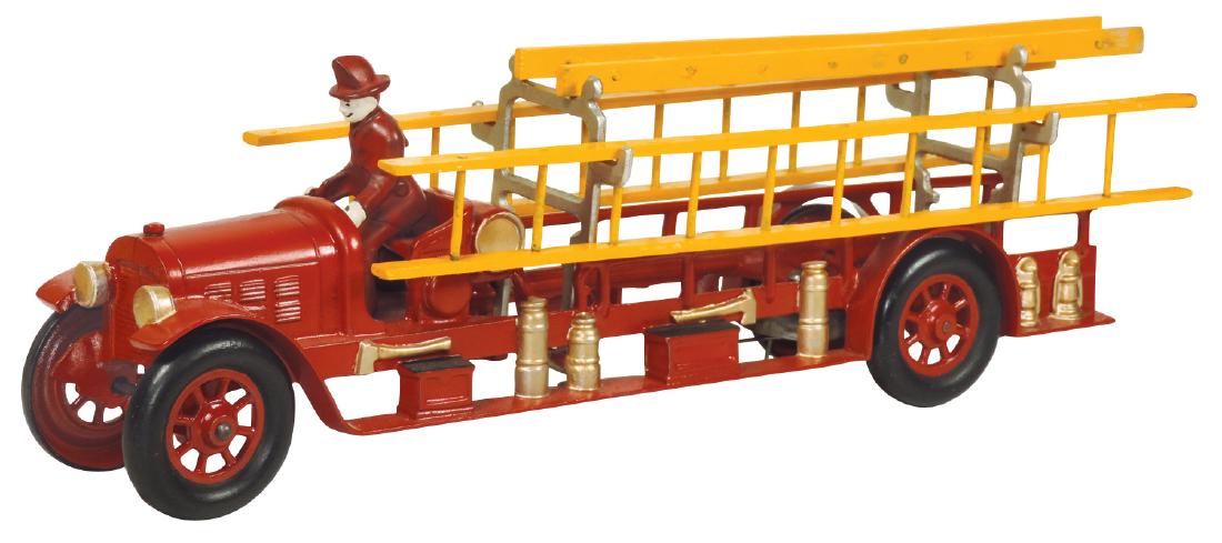 Toy fire truck, Kenton, c.1930's, cast iron, open frame: Toy fire truck, Kenton, c.1930's, cast iron, open frame service body contains nickel ladder supports & wooden ladders, prof repainted, Exc cond, 17"L.