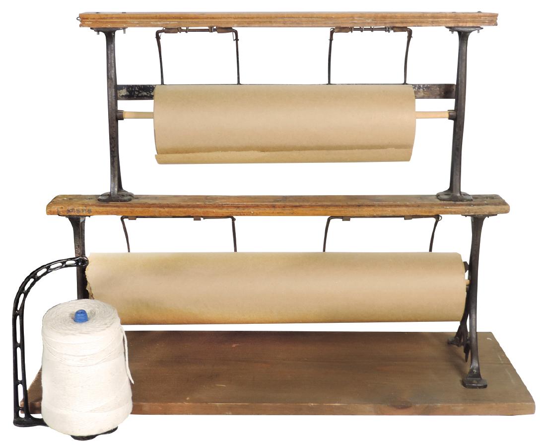 Country store wrapping paper rack & string holder (2),: Country store wrapping paper rack & string holder (2), cast iron & wood, complete w/paper & string, both VG cond, 24"H x 32"W.