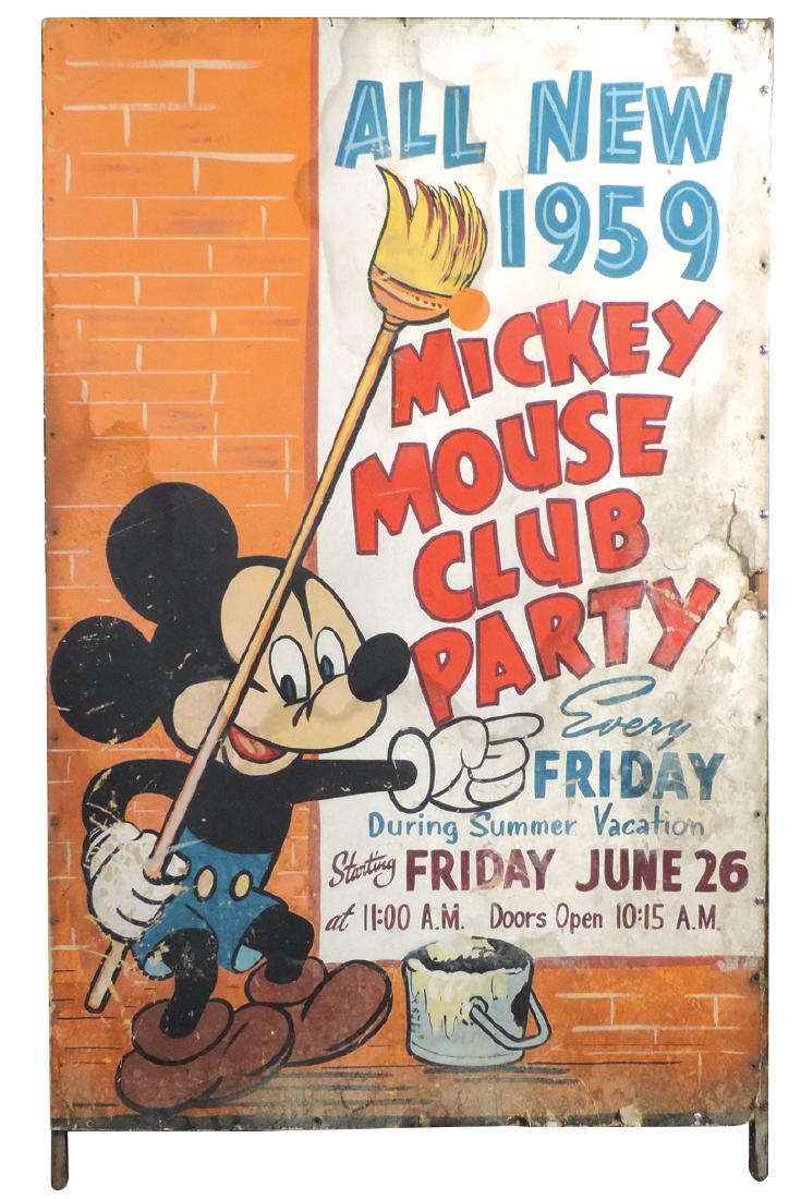 Mickey Mouse sign, 1959 Mickey Mouse Club Party,: Mickey Mouse sign, 1959 Mickey Mouse Club Party, hand-painted Masonite w/fun graphic, Good overall cond w/wear, 63.5"H x 40"W.