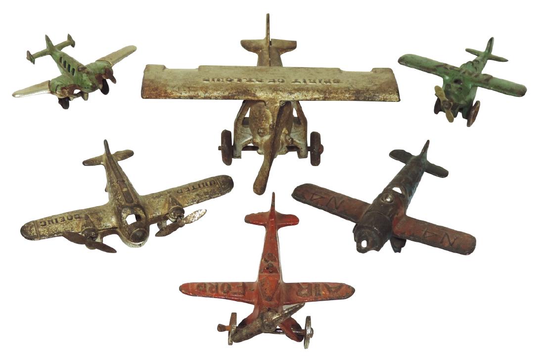 Toy airplanes (6), Arcade United Boeing AMC 361, Hubley: Toy airplanes (6), Arcade United Boeing AMC 361, Hubley "Lindy", Spirit of St. Louis, Air Ford, N4 & unmarked, all painted cast iron, Good/VG cond, up to 5.5"H x 6"W.