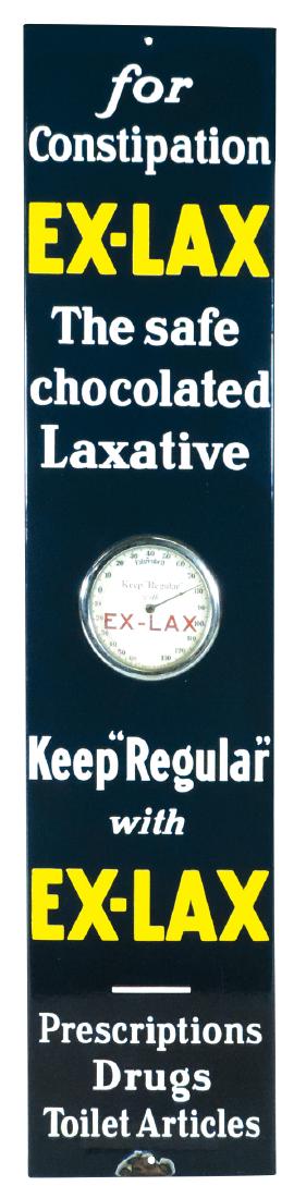 Drug store thermometer, Ex-Lax, porcelain, unusual: Drug store thermometer, Ex-Lax, porcelain, unusual version w/round thermometer, some loss at lower mounting hole, o/wise Exc cond, 36.5"L x 8"W.