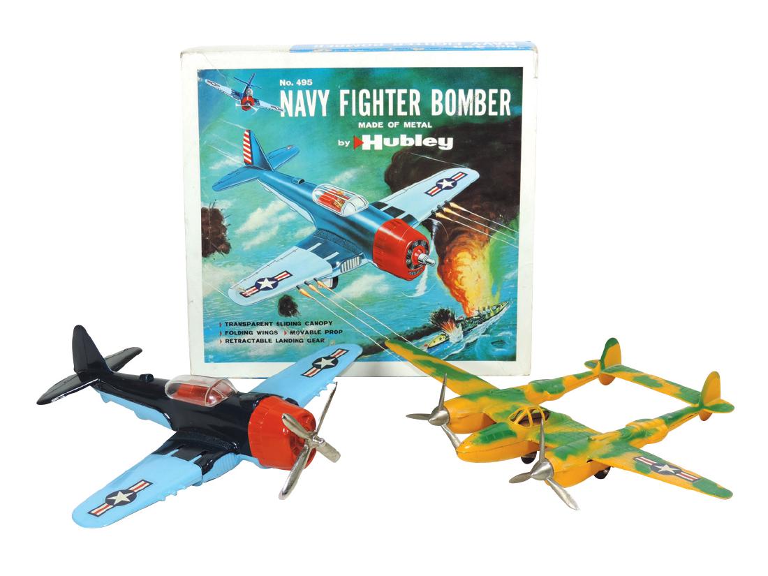 Toy airplanes (2), Hubley: #1881 P-38 camouflage: Toy airplanes (2), Hubley: #1881 P-38 camouflage (green/yellow), Exc+ cond & 495 P-47 Navy Fighter, orig box w/slide-off sleeve, Near-Mint cond, post-war, both diecast metal, up to 9.25"L x 12.5"W.