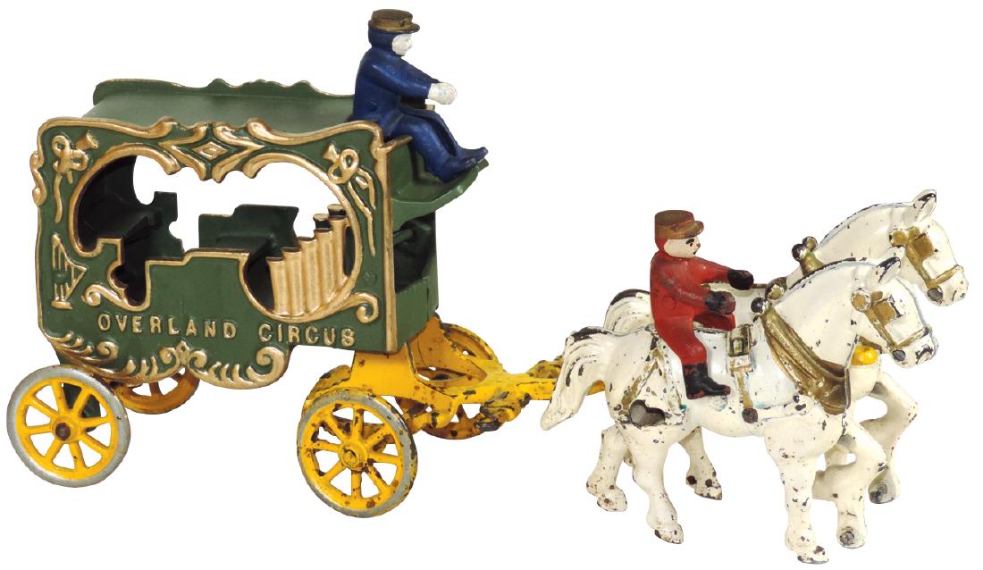 Toy, Kenton Overland Calliope Circus Wagon, embossed: Toy, Kenton Overland Calliope Circus Wagon, embossed wagon w/pipe organ & driver, drawn by 2 white horses w/parade rider, some paint loss on hitch/horses, prof repainted wagon/driver, cast iron, c.193