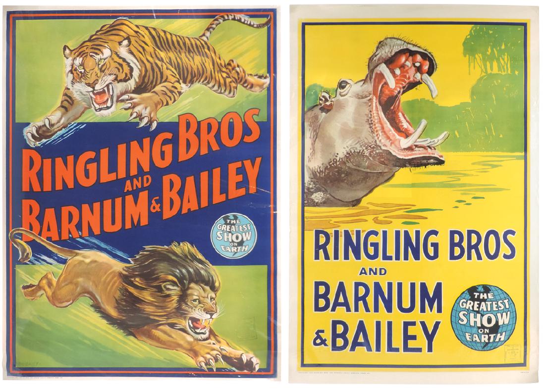 Circus posters (2), Ringling Bros and Barnum & Bailey: Circus posters (2), Ringling Bros and Barnum & Bailey Circus, Hippo, & Leaping Tiger & Lion, bright & colorful graphics, both Bill Bailey design, VG+/Exc cond, 42"H x 28"W & 36.5"H x 26.75"W.