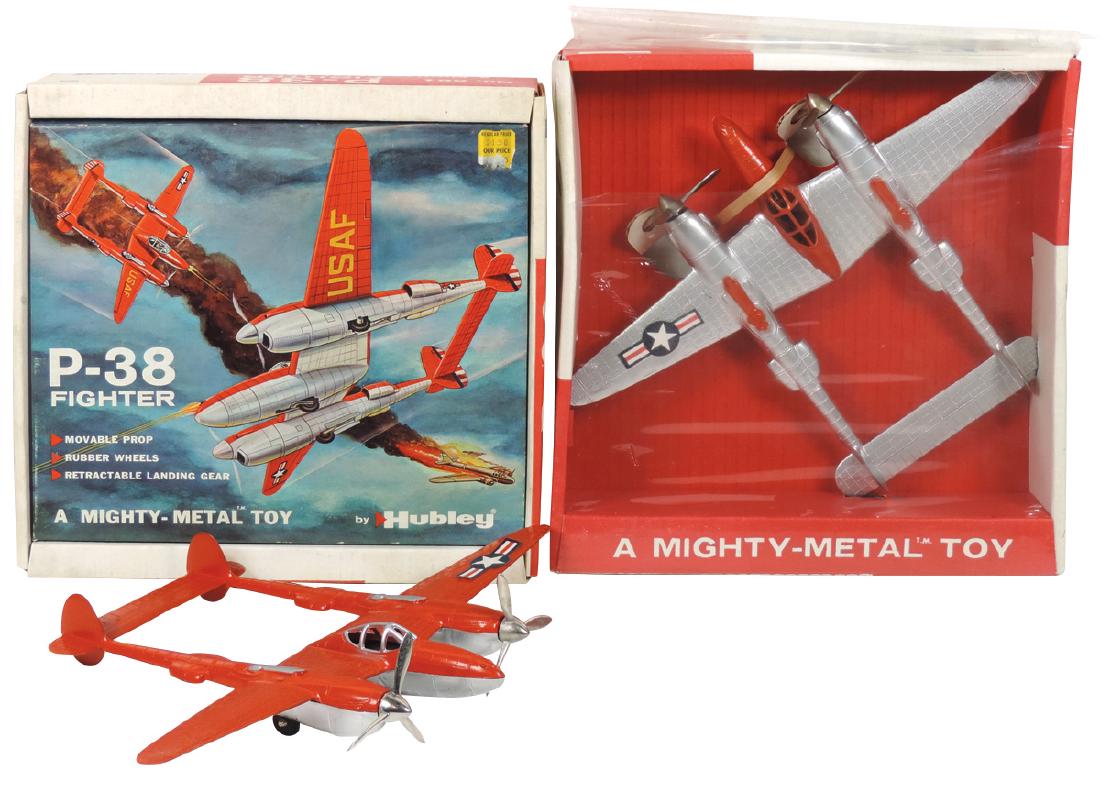 Toy airplanes (2), Hubley; #881 P-38 red/silver, orig: Toy airplanes (2), Hubley; #881 P-38 red/silver, orig box w/lift-off cover & #1881 P-38 silver/red, orig box sealed w/cellophane (torn), both Mint cond, post-war, diecast metal, 9"L x 12.5"W.