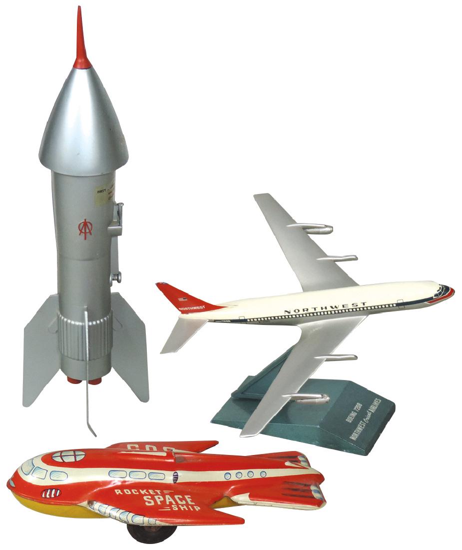 Toy airplanes & rocket bank (3), Rocket spaceship No.: Toy airplanes & rocket bank (3), Rocket spaceship No. 305, litho on tin, friction, Berzak; rocket bank, by Astro Mfg Co., Galesburg, IL & Boeing 720B Northwest Orient Airlines plane on stand, up to 13