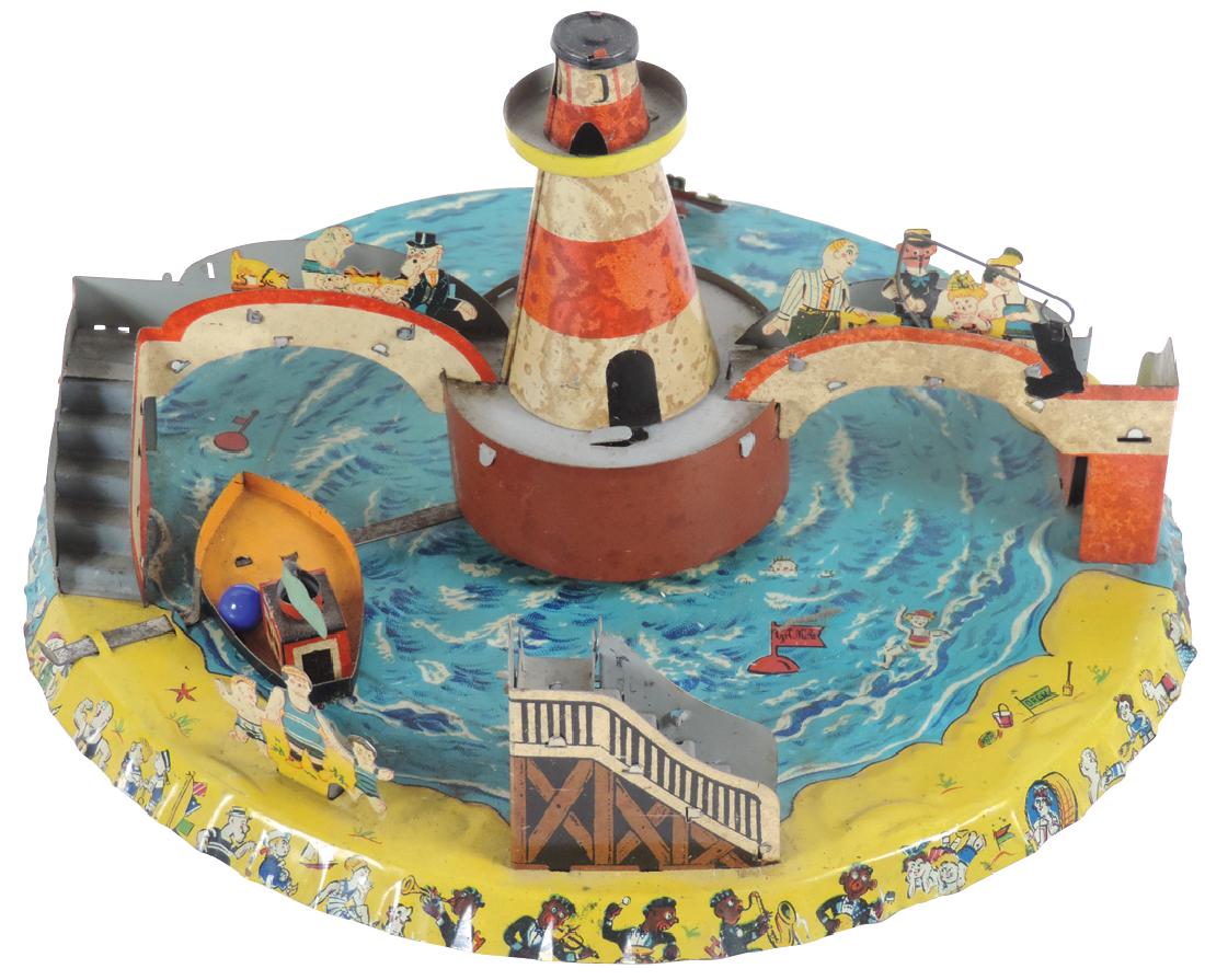 Toy, Gama light house, litho on metal windup, marked: Toy, Gama light house, litho on metal windup, marked Gama, Made in Germany & DRGM, VG+ cond w/some stain on light house & bridge, no key, 5.5"H x 9.5"Dia.