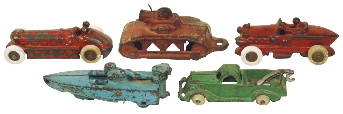 Toys (5), Hubley "Baby" outboard motor boat, c.1930's;: Toys (5), Hubley "Baby" outboard motor boat, c.1930's; Hubley wrecker/tow truck, c.1930's; Arcade military tank, c.1930's; AC Williams boat tail racer w/rubber tires (1 tire missing & 1 replaced), c.1