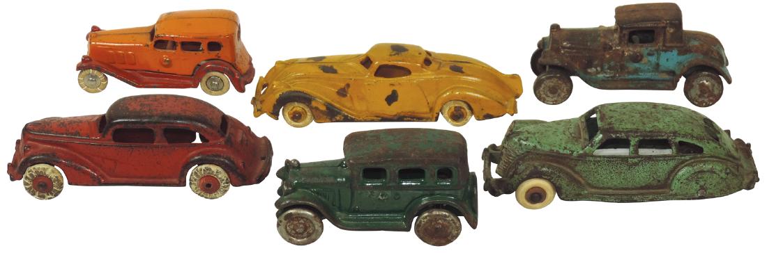 Toy cars (6), (4) Arcade & Hubley coupes & (2) Model: Toy cars (6), (4) Arcade & Hubley coupes & (2) Model T's, all cast iron w/some rust & overall paint loss, Fair/VG cond, up to 6"L.
