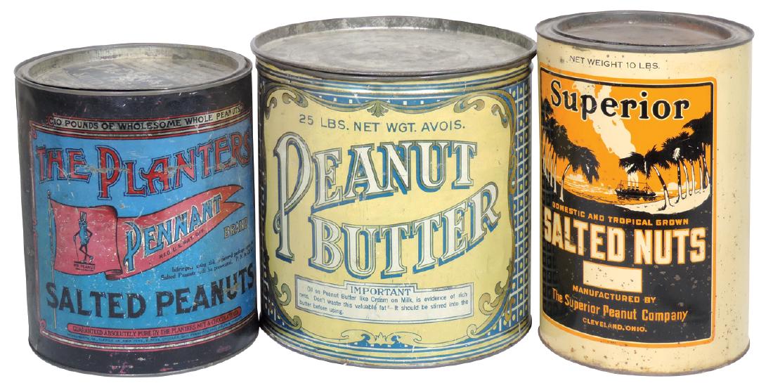 Country store tins (3), Superior Salted Nuts, Planters: Country store tins (3), Superior Salted Nuts, Planters Peanuts & 25# Peanut Butter, up to 11"H.