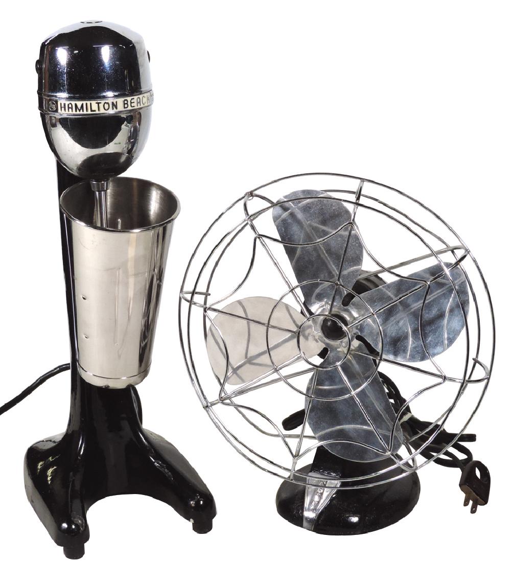Soda fountain malt machine & electric fan (2), Hamilton: Soda fountain malt machine & electric fan (2), Hamilton Beach w/black porcelain base & Rex Ray electric fan, both in Exc wkg cond, 13" & 18"H.