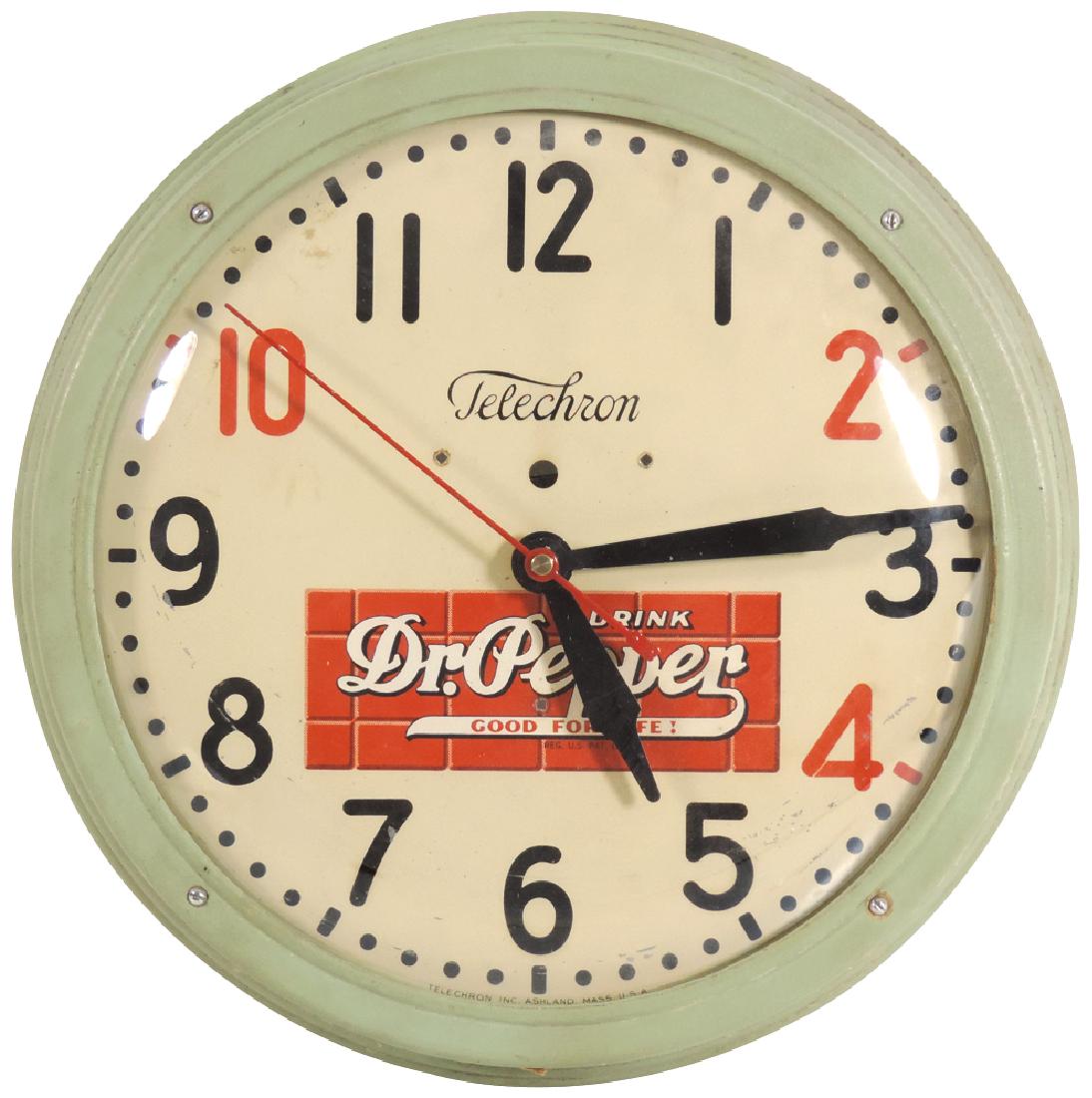 Soda fountain clock, Dr. Pepper, by Telechron Inc.,: Soda fountain clock, Dr. Pepper, by Telechron Inc., fiber case w/metal dial, VG wkg cond w/battery replacing orig motor, 15"Dia.