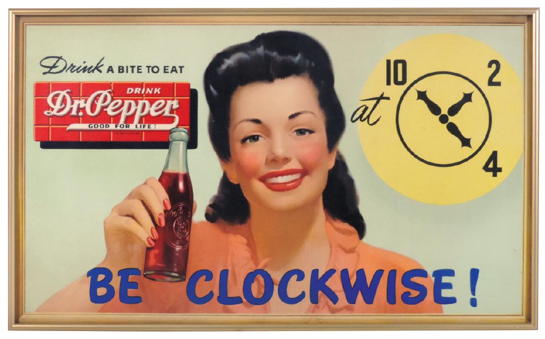 Soda fountain signs (2), Dr. Pepper, both cdbd, one: Soda fountain signs (2), Dr. Pepper, both cdbd, one framed, Exc cond, other dated 1963, VG cond, largest 15.5"H x 25"W.