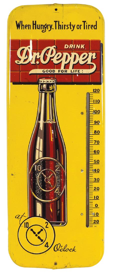 Soda fountain thermometer, Dr. Pepper, metal w/bottle: Soda fountain thermometer, Dr. Pepper, metal w/bottle graphic, VG cond, 25.5"H x 10"W.