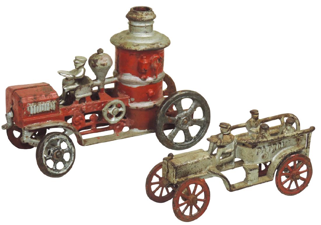 Toy trucks (2), fire pumper w/driver & police or fire: Toy trucks (2), fire pumper w/driver & police or fire patrol truck, both cast iron, pumper has been repainted, Good cond, up to 9"L.