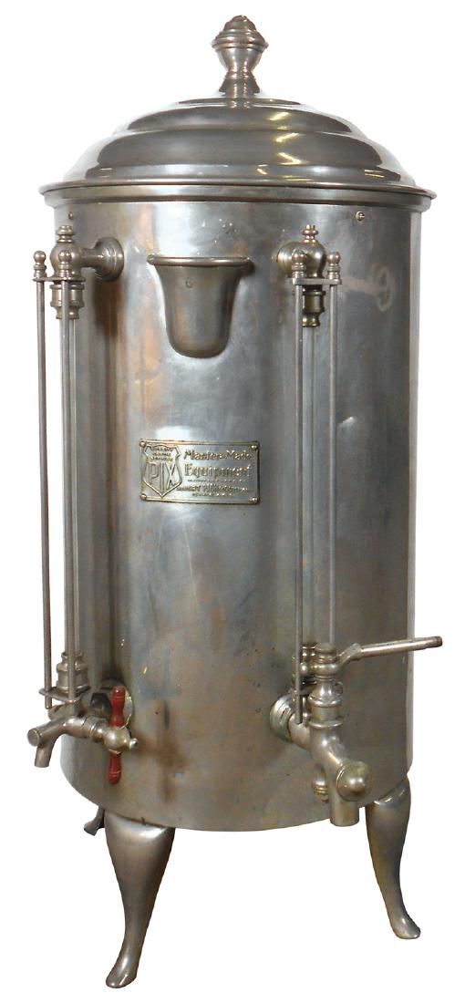 Soda fountain or cafÃ© hot drink dispenser, "The Pix": Soda fountain or cafÃ© hot drink dispenser, "The Pix" by Master Made Equipment, Albert E. Pick Co.-Chicago, nickel-plated over brass/copper, c.1915, Good orig cond w/minor dents, 33"H x 15"Dia.