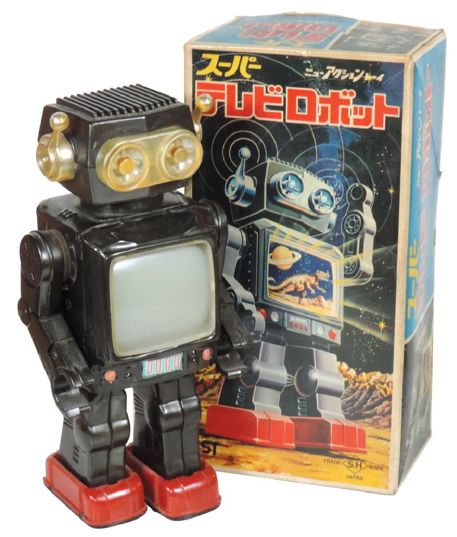 Toy robot, New Space Explorer with box, Japanese: Toy robot, New Space Explorer with box, Japanese SH-Horikawa, tin & plastic, B-O w/TV screen in chest, walking action w/noise & space scene, Japan box version, Exc wkg cond, 12"H.