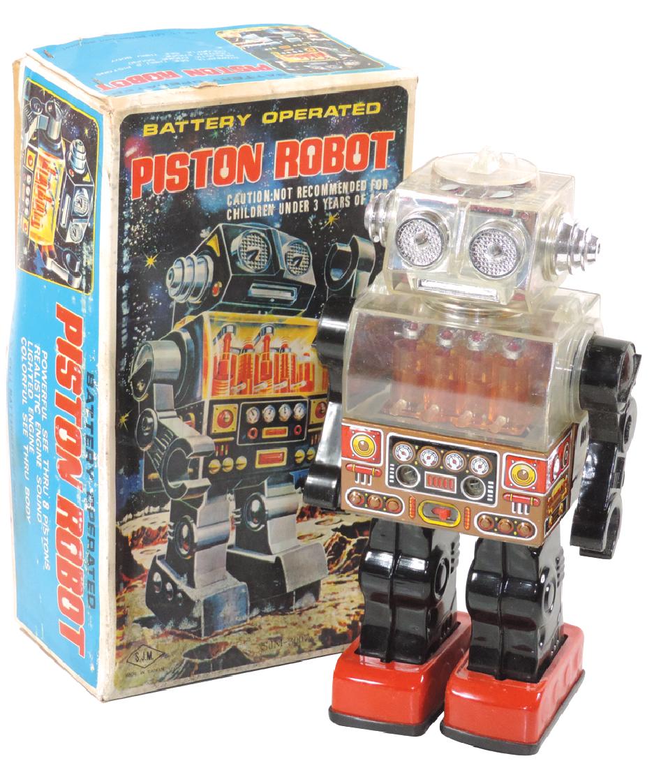 Toy robot, Piston Robot w/box, S.J.M., tin & plastic,: Toy robot, Piston Robot w/box, S.J.M., tin & plastic, B-O w/8 pistons, sound & lighted engine, Exc wkg cond, 12"H.
