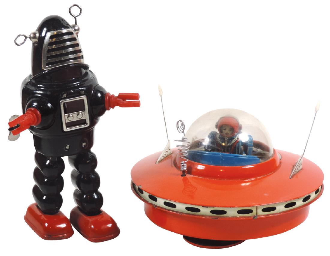 Toys (2), Japanese KO Flying Saucer with Space Pilot,: Toys (2), Japanese KO Flying Saucer with Space Pilot, B-O, swivels, lights, noise & non-stop action, Exc wkg cond & windup metal robot, VG wkg cond but needs some encouragement, 8"Dia & 9"H.