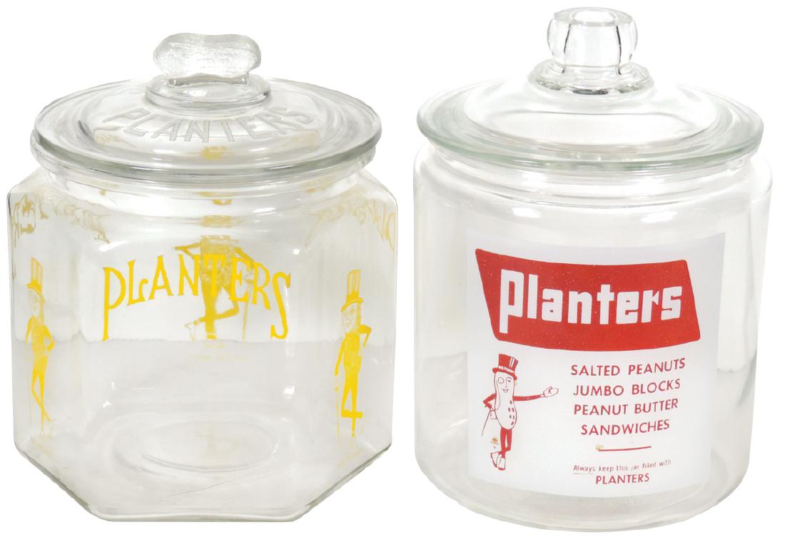 Country store peanut jars (2), both Planters, 6-sided: Country store peanut jars (2), both Planters, 6-sided jar w/peanut lid & jar w/applied color label, both Exc cond, 10"H.