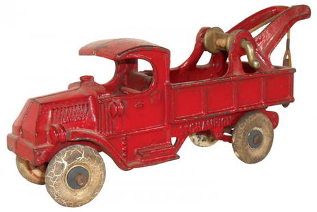 Toy wrecker, Champion Hardware Co. "C" cab, cast iron: Toy wrecker, Champion Hardware Co. "C" cab, cast iron w/worn tires, o/wise Exc cond w/orig red paint, 8"L.