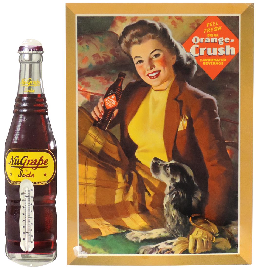 Soda fountain sign & thermometer, Orange Crush cdbd &: Soda fountain sign & thermometer, Orange Crush cdbd & NuGrape Soda embossed metal, both Exc cond, sign 19.5"H x 14"W.
