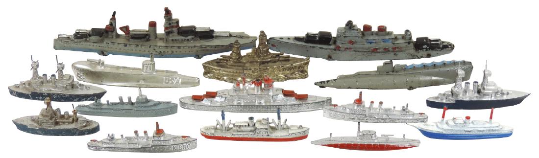 Toy boats (15), battleships marked Auburn Rubber,: Toy boats (15), battleships marked Auburn Rubber, Tootsietoy & Texas-Made in Japan, (3) rubber & (12) metal, all w/orig paint, most in Exc cond, 3.5-9"L.