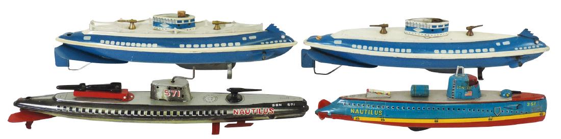 Toy boats (4), Wolverine, TN & Murasan-Japan: Toy boats (4), Wolverine, TN & Murasan-Japan submarines, litho on metal windups (missing keys), battery & friction powered, Good/VG cond, 11"L to 14"L.