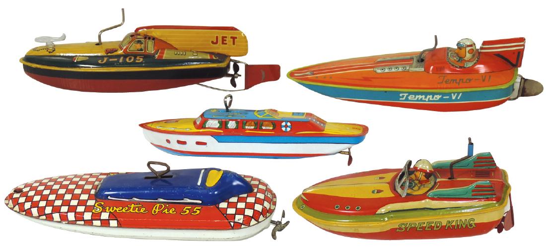 Toy boats (5), K-Japan, GTO Japan, J. Chein & Co. USA: Toy boats (5), K-Japan, GTO Japan, J. Chein & Co. USA speedboats, litho on metal windups, (2) boxes, all Good/VG overall cond & 9"L.