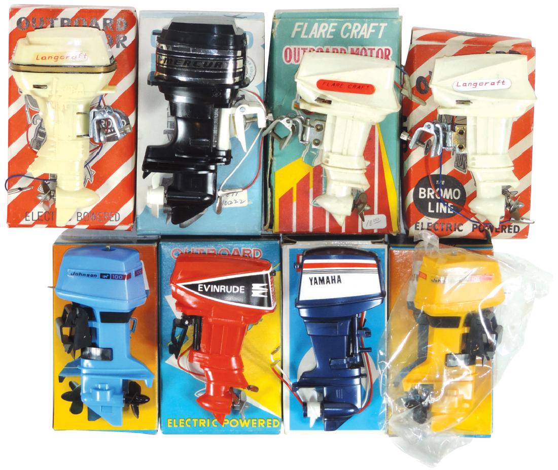 Toy boat motors (8), 2 Johnson, Evinrude (wkg),: Toy boat motors (8), 2 Johnson, Evinrude (wkg), Mercury, Flare Craft, Yamaha (wkg) & 2 Langcraft (1 wkg), all plastic w/boxes, Good/VG+ cond, up to 4.5"H.