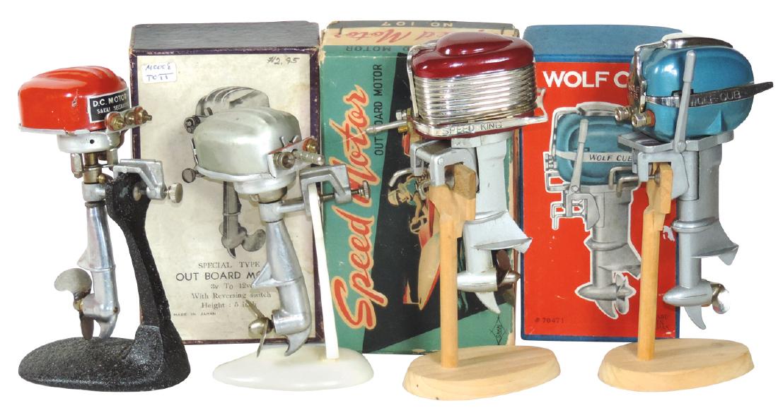 Toy boat motors (4), Wolf Cub in w/orig box, Speed King: Toy boat motors (4), Wolf Cub in w/orig box, Speed King w/box & (2) D.C. Motor-one red & one silver w/orig box, all cast metal, some minor paint loss, o/wise VG/Near-Mint cond, up to 5.5"H.