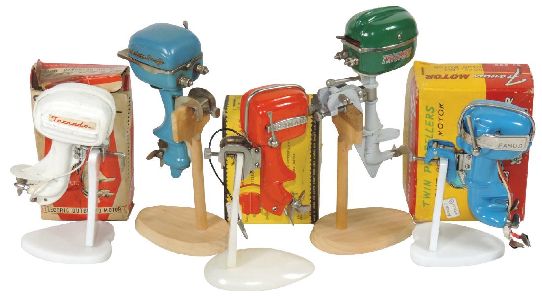 Toy boat motors (5), Tornado white w/box, Famus Twin: Toy boat motors (5), Tornado white w/box, Famus Twin Propellers w/orig box (wkg), Mermaid (wkg), Triumph, Aristo Craft blue (wkg) & extra Aristo Craft box, all cast metal, minor paint loss, o/wise VG/