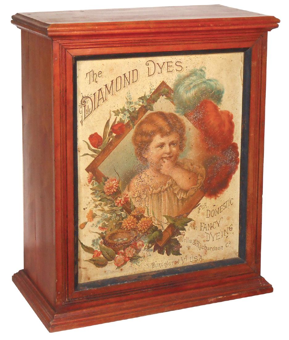 Country store Diamond Dyes cabinet, birch w/"Baby": Country store Diamond Dyes cabinet, birch w/"Baby" litho on tin front panel, known as the "Presentation" cabinet, by Wells & Hope Co., c.1887, sliding back doors open to reveal shelves, VG cond w/Good