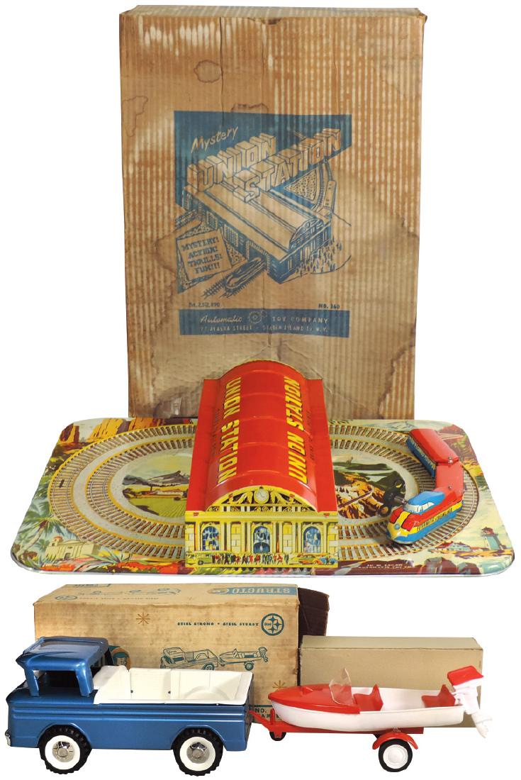 Toy boats (3), Structo Camper 202 truck, painted: Toy boats (3), Structo Camper 202 truck, painted metal/plastic, not powered, Exc cond w/Fair box, 10"L; Structo speedboat w/trailer, plastic, attaches to truck, not powered, Exc cond w/Good box, 10"L 