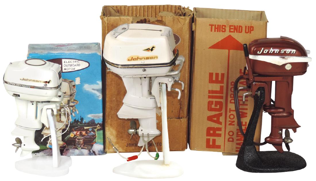 Toy boat motors (3), Johnson Sea-Horse 30HP w/box,: Toy boat motors (3), Johnson Sea-Horse 30HP w/box, Fleet Line 1959 Johnson Super Sea-Horse 35HP w/box & K & O 1962 Johnson Super Sea-Horse w/box/inst, all cast metal, some w/minor paint loss, VG/Exc c