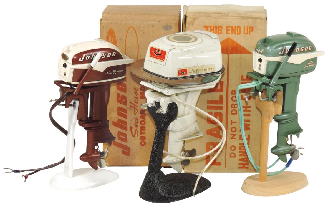Toy boat motors (3), Johnson Sea-Horse 35HP w/box/inst,: Toy boat motors (3), Johnson Sea-Horse 35HP w/box/inst, Johnson Electric 75HP & Johnson Sea-Horse 25HP w/box/inst/stand, all cast metal, VG+ cond w/light wear, up to 6"H.