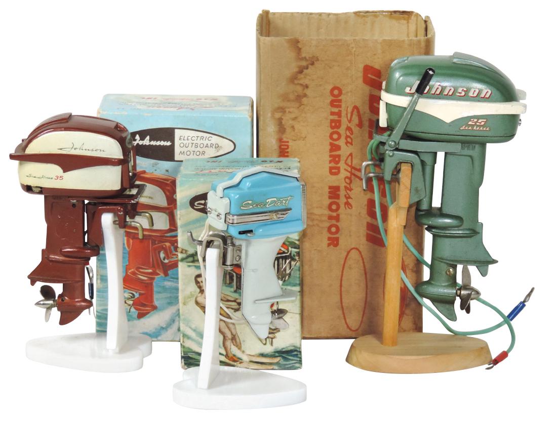 Toy boat motors (3), K & O 1955 Johnson Sea-Horse 25HP: Toy boat motors (3), K & O 1955 Johnson Sea-Horse 25HP w/box, K & O 1958 Johnson Sea-Horse 35HP w/box/inst & K & O Sea Dart w/box, all cast metal w/some minor paint loss, VG/Exc cond, up to 5.5"H.