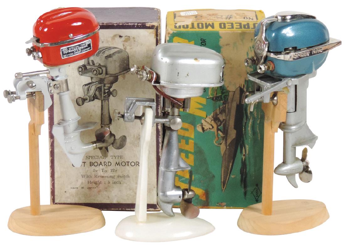 Toy boat motors (3), Rico Speed King w/box, D.C. Motor: Toy boat motors (3), Rico Speed King w/box, D.C. Motor w/box & IMP Special Type D.C., all cast metal in Exc cond w/very minor paint loss, up to 5.5"H.