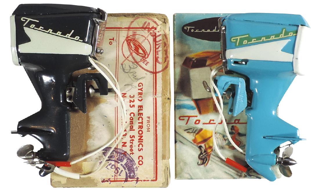 Toy boat motors (2), Tornado w/orig #21 box w/lift-off: Toy boat motors (2), Tornado w/orig #21 box w/lift-off cover, blue & Tornado, green, both cast metal, both Mint cond & 4"H.