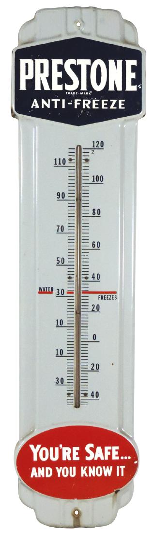 Automotive thermometer, Prestone Anti-Freeze,: Automotive thermometer, Prestone Anti-Freeze, porcelain, VG+ cond, 36"L x 9"W.
